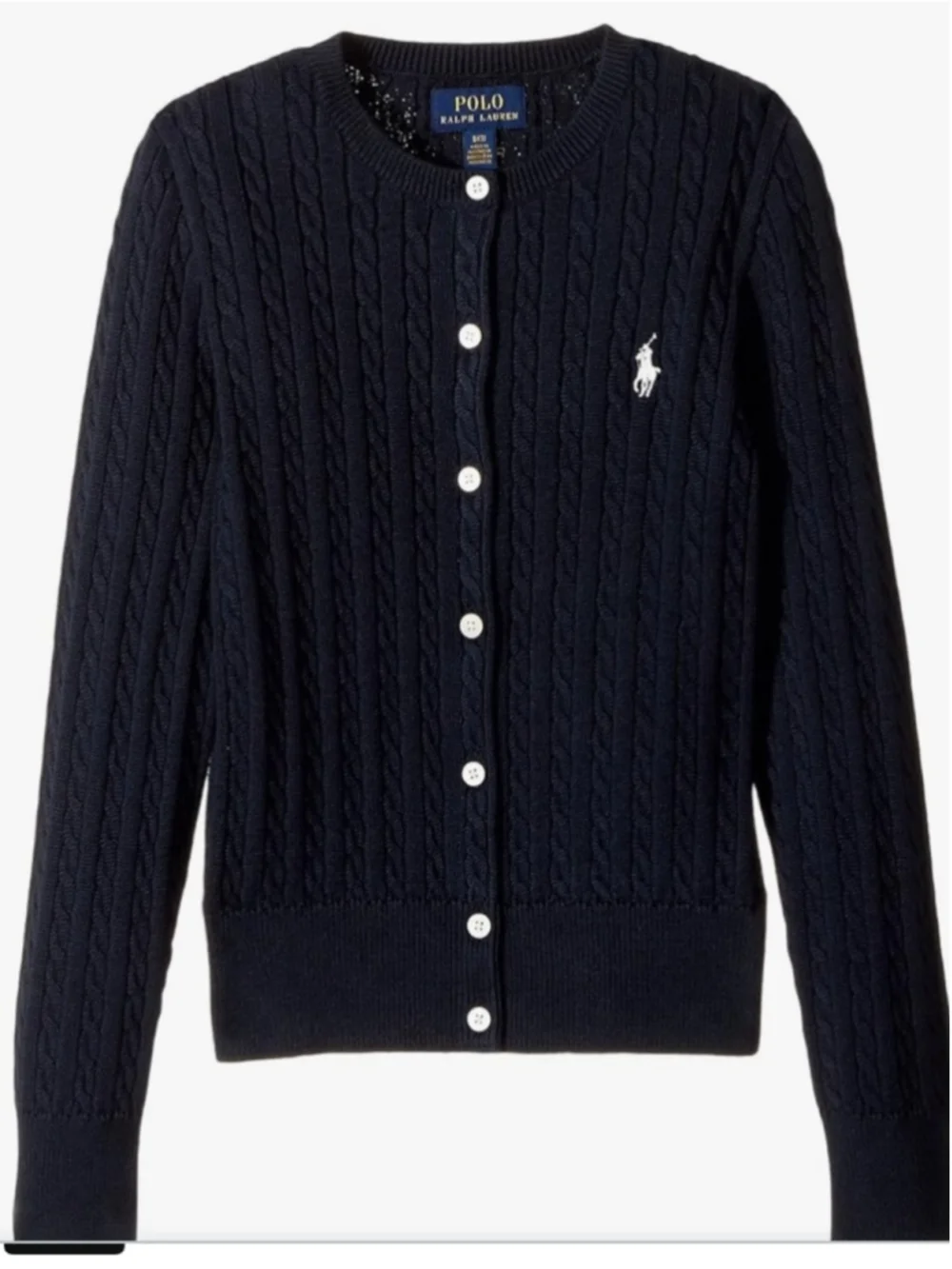 Polo Ralph Lauren Cable Knit Cardigan Navy Cotton Pony Logo Girls Small NWT